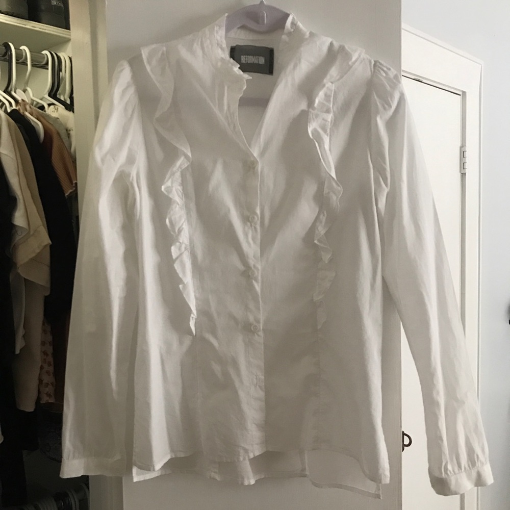 Reformation white ruffle blouse